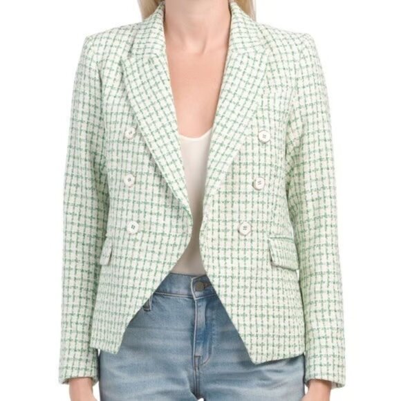 Rachel Zoe Green White Enamel Buttons Tweed Blazer Size XS 26882 - Picture 1 of 9